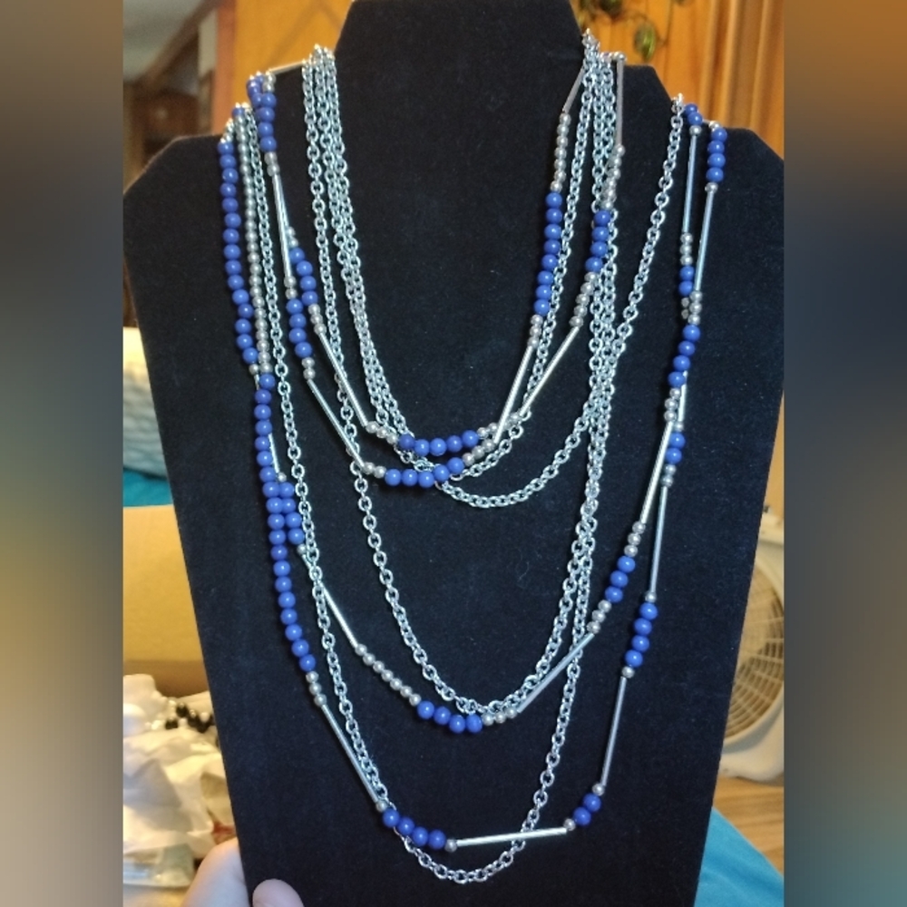 Premier Designs Multi Strand Silver & Blue Necklace